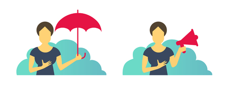 Business woman office set of situations. With umbrella protection and with loudspeaker. Female advertising and laptop. Vector flat illustration.のイラスト素材