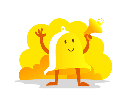 Bell alarm character. Call clock signal golden yellow with a megaphone loudspeaker. Vector illustration clipart.のイラスト素材