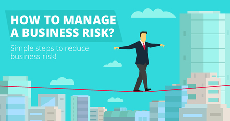 How to Manage Business risk. businessman walking tightrope funambulist red thread rope-dancer economic risk balance-master. Background panorama city.のイラスト素材