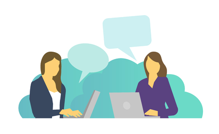 Two women work sitting at laptops and talking chatting. Businesswomen office set of situations. Everyday tasks at work at the table. Work days vector flat illustration.のイラスト素材