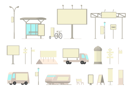 Outdoor out-of-home advertising media set. Billboard signboards, roll-up, banners street and transport transit ads. Vector illustration stock clipart. Front view.のイラスト素材