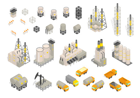 Set industrial factories plant building and trailer delivery. Isometric vector illustration. Industrial production factory. Facility manufacturing. Vector isometric style colorful illustrationのイラスト素材