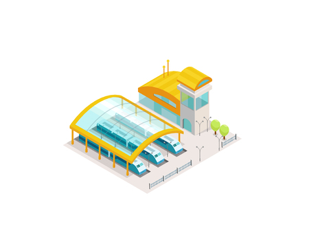 Train station railway public. Building with trains platform. Vector isometric infographic element 3d view. Colorful Illustration.のイラスト素材