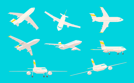 Airplane set, different angles of sight on a blue background. Air Freight Passenger. Yellow elements. Vector 3d low poly colorful illustration.のイラスト素材