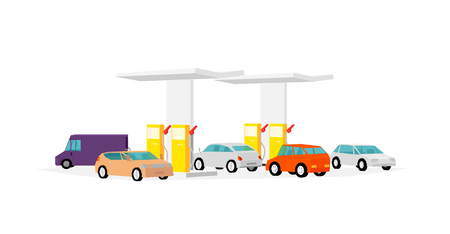 The queue of cars at the gas station. Filling station. Refilling fuel service. Petroleum gas station and cars. Petrol gasoline. Colorful vector illustration.のイラスト素材