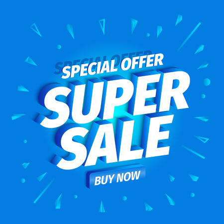 Super sale. 3d volumetric letters on a blue background. Advertising promotion poster with button. Special offer slogan, super call for purchases shopping. Vector color Illustration text, word marketing clipart.のイラスト素材