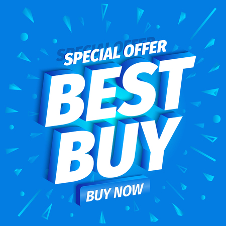 Best buy. 3d volumetric letters on a blue background. Advertising promotion poster with button. Special offer slogan, super call for purchases shopping. Vector color Illustration text, word marketing clipart.のイラスト素材