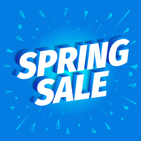 Spring Sale. Seasonal discounts. 3d volumetric letters on a blue background. Spring season time. Advertising promotion poster. Slogan, call for purchases shopping. Vector color Illustration text, word marketing clipart.のイラスト素材