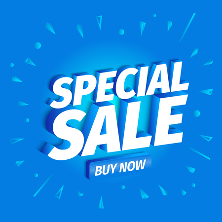 Special sale. 3d volumetric letters on a blue background. Advertising promotion poster. Special offer slogan, call for purchases shopping. Vector color Illustration text, word marketing clipart.のイラスト素材