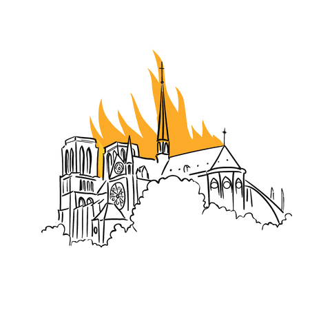 Notre-Dame de Paris fire. Tragic news from France. View of the spire. Cathedral is engulfed flames. Vector Illustration.のイラスト素材