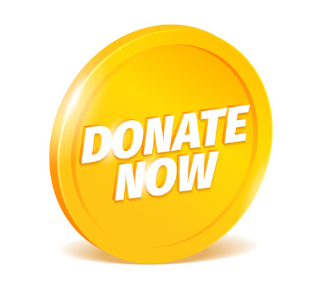 Donate now icon. Shining gold coin. Donation word letters on a orange. Donating 3d vector realistic. Color Illustration text clipart.のイラスト素材