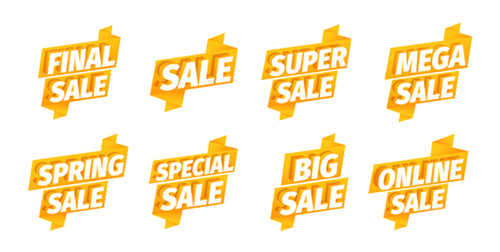 Sale offers ribbon sticker set. Advertising promotion poster. Mega super final spring. Big online. 3d letters on a orange golden background. Special offer slogan, super call for purchases. Vector color Illustration text marketing clipart.のイラスト素材