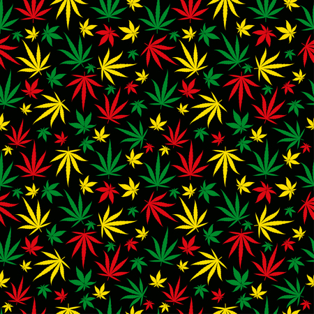 Rasta pattern. Reggae colour ornament. Marijuana seamless background. Rastafarian cannabis hemp template fill. Vector flat Illustration. Square stock clipart.のイラスト素材