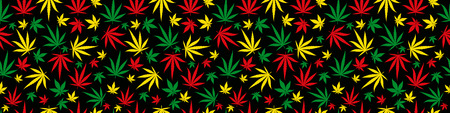 Rasta rectangular banner pattern seamless background. Reggae jamaican ornament. Marijuana leaf. Rastafarian cannabis hemp template fill. Square vector Illustration. Stock clipart.のイラスト素材