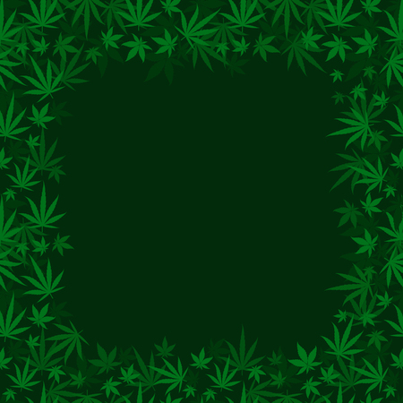 Marijuana dark green grass square frame banner. Cannabis hemp plant. Border frame isolated transparent background. Vector flat style colorful illustration. Copy space for text place template.のイラスト素材