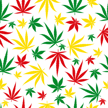 Rasta pattern on white background. Marijuana seamless pattern. Rastafarian cannabis hemp template fill. Vector flat Illustration. Square stock clipart.のイラスト素材