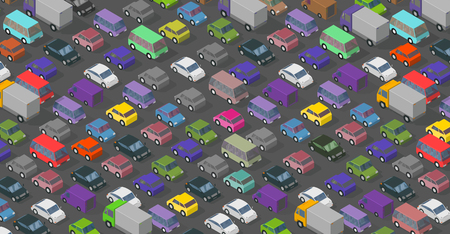 Isometric traffic jam a lot of multi-colored cars transport highway background pattern. Top view of the road and cars. Vector stock clipart illustration.のイラスト素材