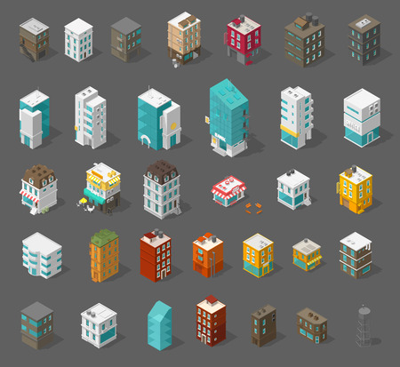 Buildings city set. Isometric top view. Vector town houses. Shop street cafe, offices and bank, residential buildings are different types. Separate icons Illustration stock clipart.