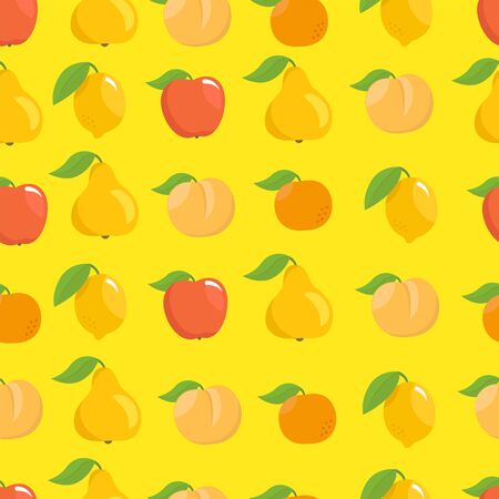 Fruits set seamless pattern background. Apple, peach and lemon mandarin and pear on a yellow...
