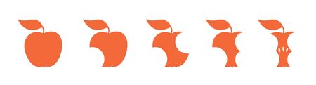 Red apple fruit bite stage set. From whole to apple core. Bitten and eaten. Animation progression. Flat silhouette vector illustration.のイラスト素材