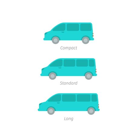 The size of the minivan. Transfer minibus variation. Compact standard long. Transportation of people. Quantity passengers cars. Blue vector icons.のイラスト素材