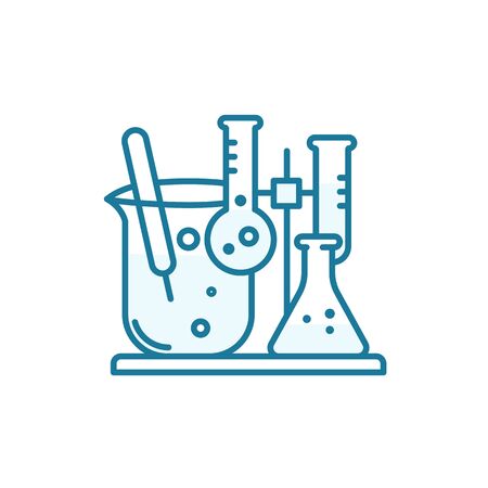 Flasks with chemical reagents. Chemistry science, test tube icon. Education laboratory equipment. Outline contour blue line flat vector.のイラスト素材
