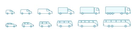 The size of the transport icon set. Compact standard long. Transportation of passengers buses and cargo trucks. From small to large. Outline contour blue line vector.のイラスト素材