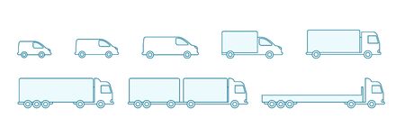 Delivery truck size set. Cargo transportation variation options. Shipping. Silhouette Infographic. Blue line flat vector icons.のイラスト素材