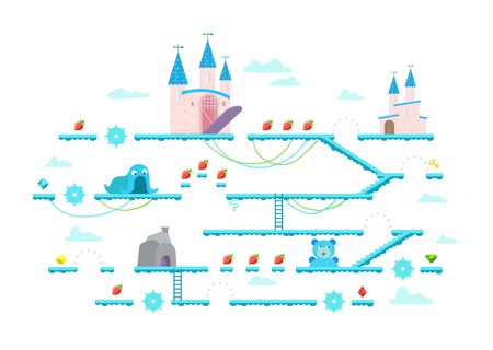 Game level interface design elements. Children game for girls. Pink castles, clouds and strawberries. Mobile platform. Flat vector illustration set.のイラスト素材