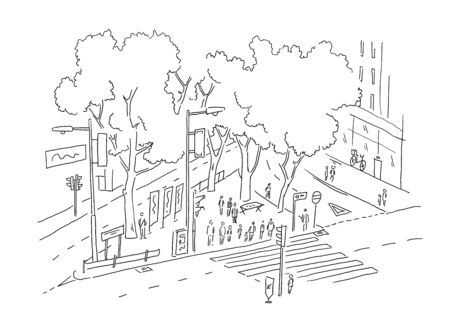 View from window on the street crosswalk. City hand drawn sketch. Building architecture landscape black line.のイラスト素材