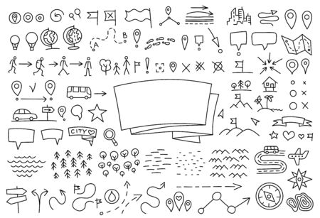 Travelers notes. Map set doodle background. Geographical. Yearbook cover. Copy space. Hand drawn sketch vector black line outline contour.のイラスト素材