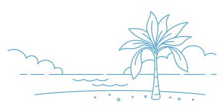 Palm tree on the beach coast background. Waterfront shore. Rest, vacation. Copy space. Sketch vector line contour. Place for text.のイラスト素材