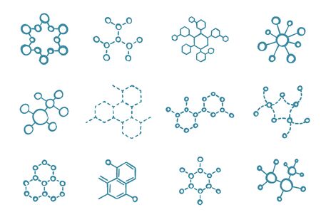 Molecule science icon set. The chemical biotechnology structure. Laboratory test. Blue vector hand-drawn sketch line drawing.のイラスト素材