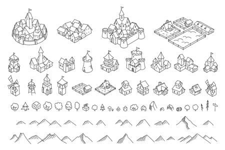 Middle Ages city map kit. Buildings set. Medieval fantasy sketch. Mountains and trees. Selection for board game. Hand drawn vector black line.のイラスト素材