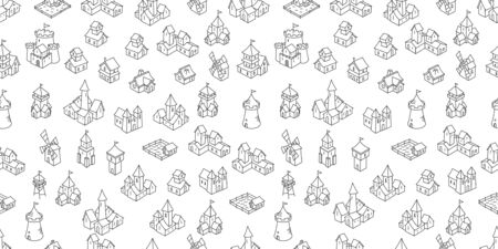 Medieval buildings seamless pattern background. Middle Ages fantasy fortress, house and castle sketch. Hand drawn vector black line icon set.のイラスト素材