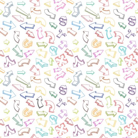 Arrow set sketch multicolored seamless pattern . Arrows set collection kit. Hand draw line color background. Vector outline contour.のイラスト素材