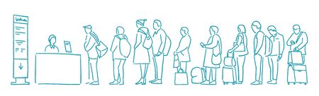 People with bags stand in line. Queue. Registration for the plane. Departure of Travelers. Contour sketch hand drawn blue line vector Illustration clipart.のイラスト素材