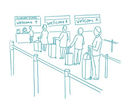 Queue departure check-in of Travelers. People with bags stand in line. Registration for the plane. Sketch hand drawn blue line vector.のイラスト素材