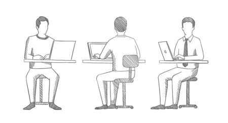 Man sits at a laptop. Front and back view. Office people sketch. Process of working at the table. Hatched drawing picture. Gray pencil. Hand drawn vector.のイラスト素材