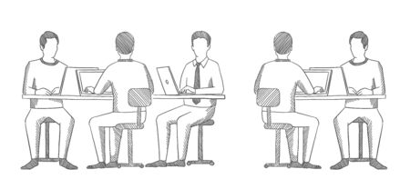 Business team. Men sit at a laptop. Front and back view. Office people sketch. Process of working at the table. Hatched drawing picture. Gray pencil. Hand drawn vector.のイラスト素材