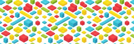 Multicolored plastic bricks. Vector seamless pattern background. Colorful in isometric view. Building blocks for children construction kits. Toy erector set. Horizontal banner.のイラスト素材