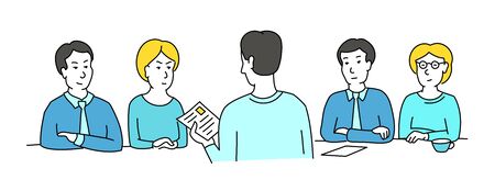 HR interview sketch. Screening, talking with a job applicant. Male recruiter hired, reading an employee curriculum vitae resume. Vector cartoon illustration.のイラスト素材