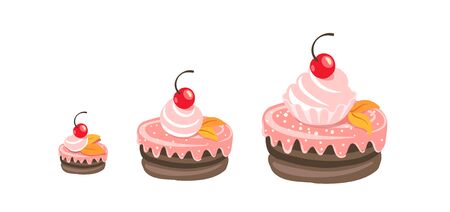 Cakes sizes set. Dessert reward. Tart fancy cake. Development stage. Animation progression. Vector...