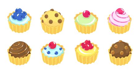 Fancy cake. Different types cakes. Sweet muffin. Pastry dessert reward. Vector illustration. Isometric view.のイラスト素材
