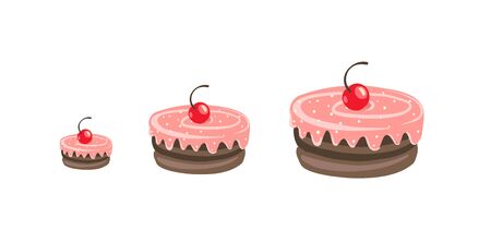 Cakes sizes. Cake dessert with a cherry. Pastry fancy. Vector Isometric infographic illustration.