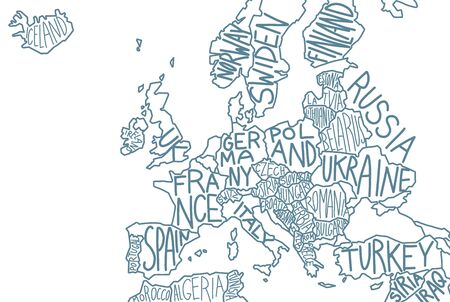 Drawn map of Europe with country names. European Union. Vector blue line hand-drawn sketch clipart.のイラスト素材
