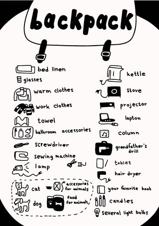 Backpack contents. Icon set for travel. Warm clothes. Towel and bath accessories. Hand drawn sketch poster.のイラスト素材