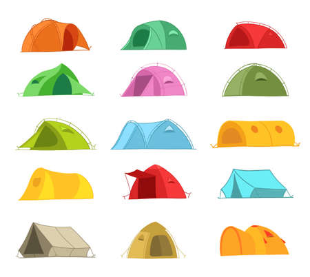 Tents for a summer vacation in nature. Icon set. Different colors and designs. Tourism adventure. Travel camping. Flat vector illustration.のイラスト素材
