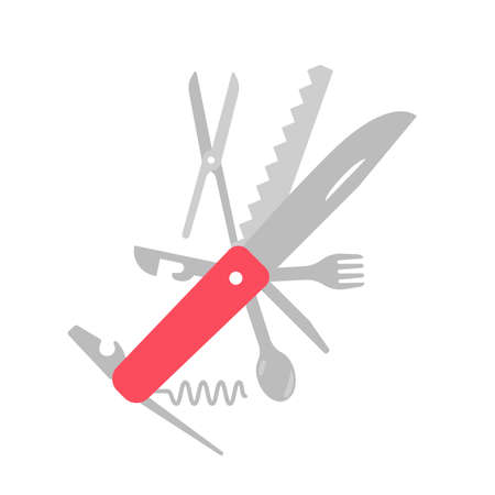 Jackknife multi-tool. Folding army knife. Unfolded position. Vector flat illustration.のイラスト素材