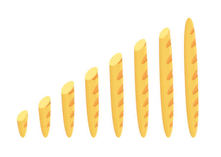 Cut baguette size. Bakery bread variety. Long to short. Animation progression. Business growth infographic. Vector flat illustration clipart.のイラスト素材